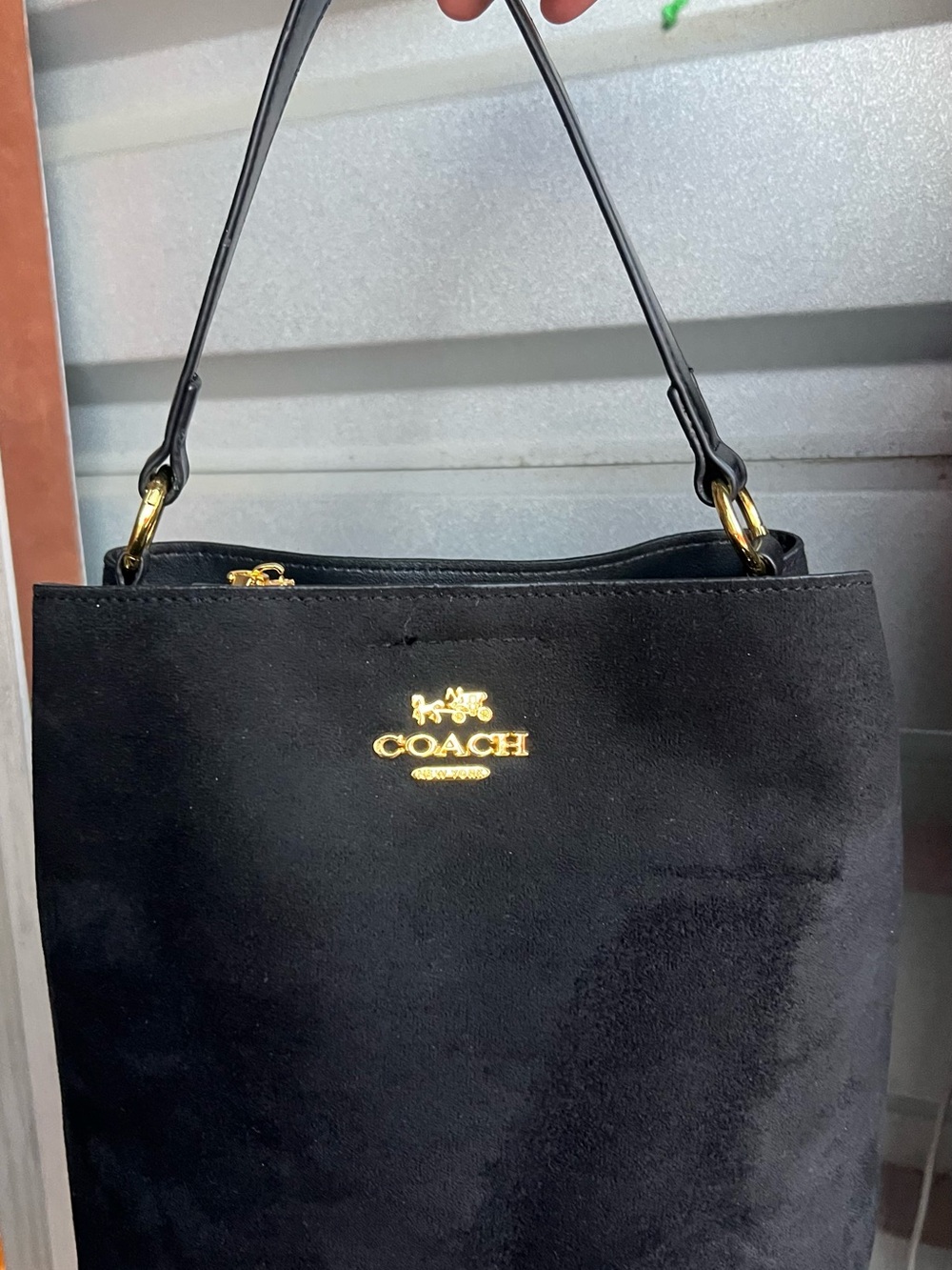 Coach Black Suede Shoulder Bag with Gold Hardware